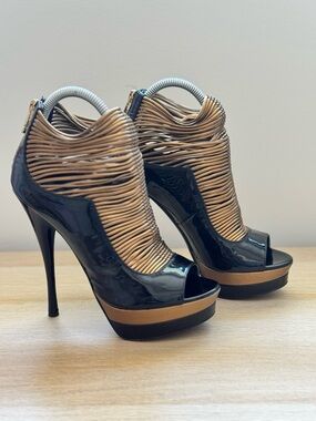 Versace Black and Gold Peep-Toe Stiletto Booties